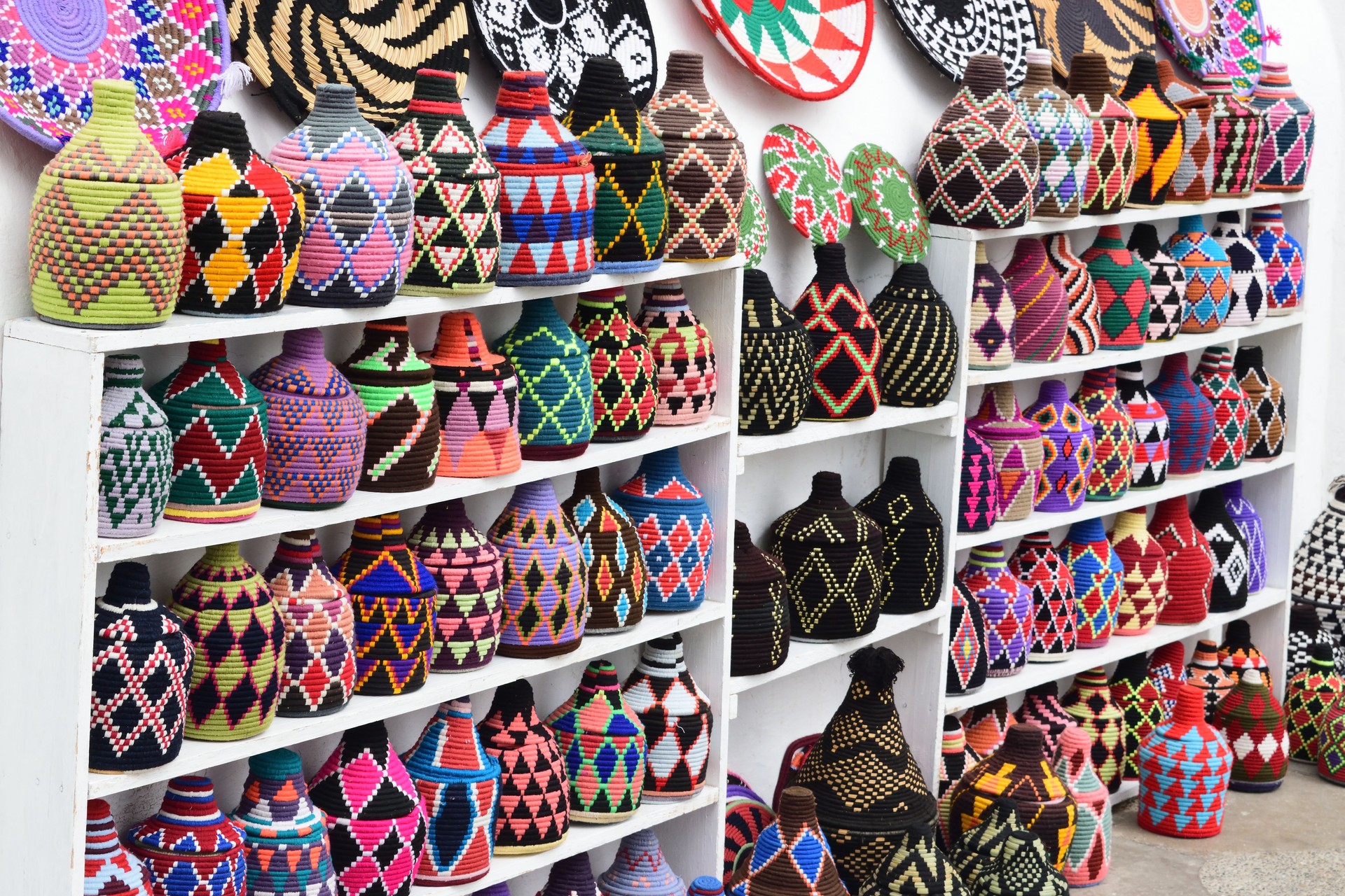 Colorful Woven Baskets And Bowls Souvenirs In A Moroccan Basketry Handicraft Stall
